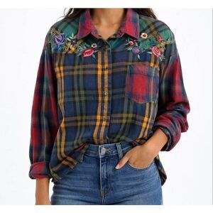 QPS Multicolor Floral Embroidered Button Up Shirt Large Boho Fall Comfy Colorful
